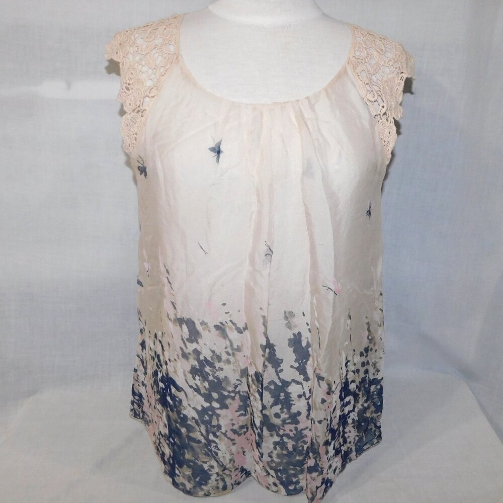 Carla Conti ivory silk abstract butterfly watercolour crochet lace cap sleeve L